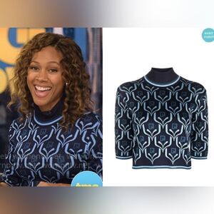 New PACO RABANNE Cropped Turtleneck Knit Top in Blue Jacquard Logo Large